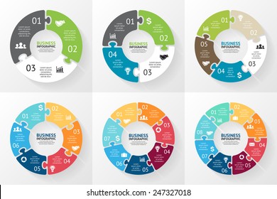 Vector circle puzzle infographic. Template for cycle diagram, graph, presentation and round chart. Business concept with 3, 4, 5, 6, 7, 8 options, parts, steps or processes. Abstract background.