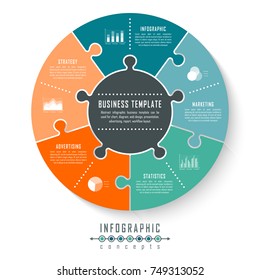 Vector circle puzzle infographics template for round chart, diagram, web design, presentation, workflow layout. Business concept with 5 options, parts, steps or processes
