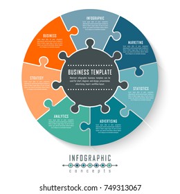 Vector circle puzzle infographics template for round chart, diagram, web design, presentation, workflow layout. Business concept with 7 options, parts, steps or processes