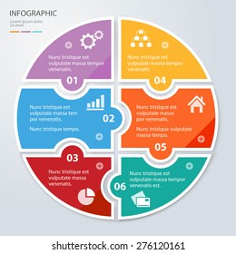 Vector circle puzzle pieces template for infographic. Business concept with 6 options. Eps 10. Can be used for diagram, banner, number options, workflow layout, step up options, web design etc.