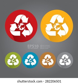 Vector : Circle Recycle Arrow With Globe Flat Long Shadow Style Icon, Label, Sticker, Sign or Banner