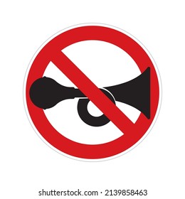 Señal de la carretera del círculo vectorial cruzada por el círculo rojo con el símbolo de la bocina. Aislado sobre fondo blanco.