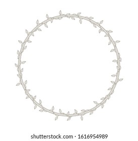 Vector circle rope frame overgrown with plant with thorns and leaves. White background