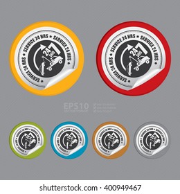 Vector : Circle Service 24 HRS Tow Car Product Label Infographics Flat Icon, Peeling Sticker, Sign