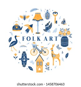 Vector circle set of Folk art cliparts in Scandinavian and Nordic style isolated on white.