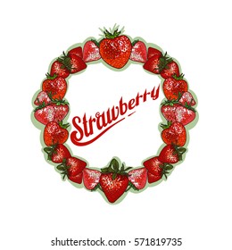 Vector circle set of red ripe strawberry with text. Isolated on white background.