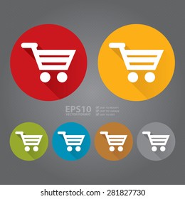 Vector : Circle Shopping Cart, Supermarket, Online Shopping Flat Long Shadow Style Icon, Label, Sticker, Sign or Banner