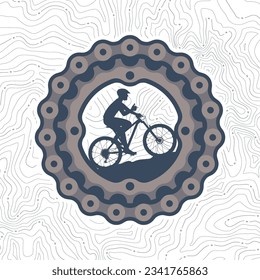 Vector circle sign with silhouette of chain and cyclist riding uphill. White background