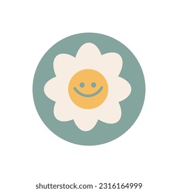 Vector circle with a smiling chamomile in the center isolated on a white background. Highlight for stories in trendy retro colors, 90s style, Y2K.