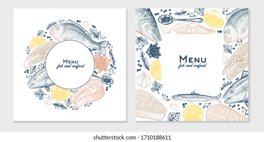 Vektorillustration und quadratischer Rahmen mit Meeresfrüchten und Fischskizzen. Handgezeichnete farbige Abbildung von Lachs, Dorado, Fischsteak, Thunfisch, Kaviar. Vintage-Menühintergrund. Vorlagendesign.