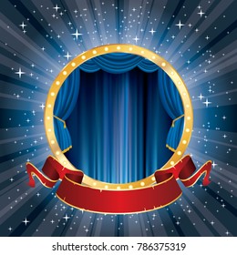 vector circle stage with blue curtain, golden frame, bulb lamps and blank red banner, show business background