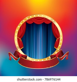 vector circle stage with blue and red curtain, golden frame, bulb lamps and blank red banner on rainbow background, show business template