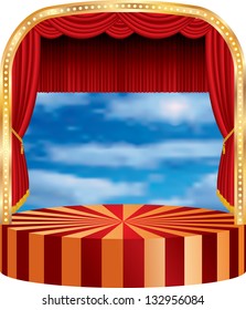 vector circle stage with red curtain and cloudy sky in back