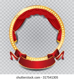 vector circle stage with red curtain, golden frame, bulb lamps and transparent shadow