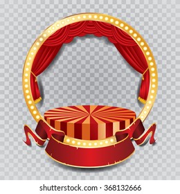 vector circle stage with red curtain, golden frame, bulb lamps and transparent shadow