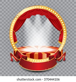 vector circle stage with red curtain, golden frame, bulb lamps, transparent spots and blank banner
