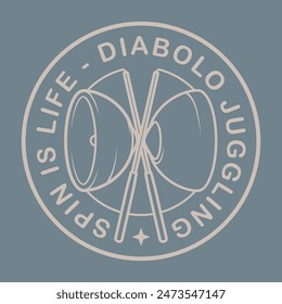 Vector circle stamp with symbol diabolo and text Spin is life - Diabolo Juggling. Isolated on blue background