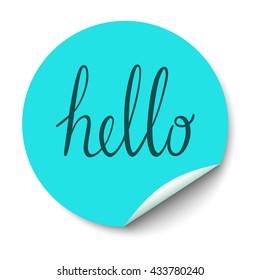 Vector circle sticker with curled corner and hello text inside.