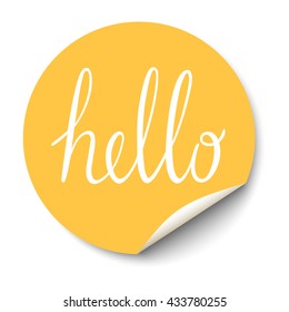 Vector circle sticker with curled corner and hello text inside.