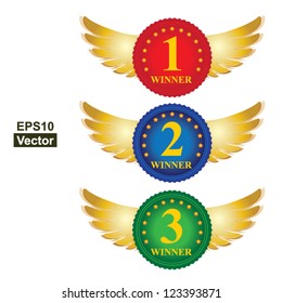 Vector : The Circle Sticker For Winner Number 1-3 With Golden Wings Isolated on White Background