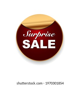 Vector circle stickers with red-gold bent corners and surprise sale text within a white background.