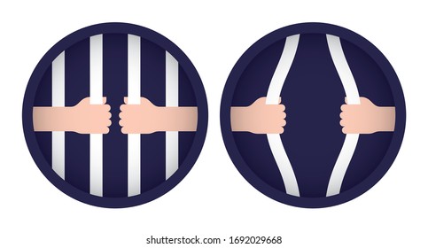 Vector circle symbol jail. Hands holding bars. Jailbreak. Isolated on white background.