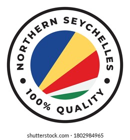Vector circle symbol. Text Made in Seychelles with flag. Isolated on white background.