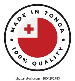 Vector circle symbol. Text Made in Tonga with flag. Isolated on white background.