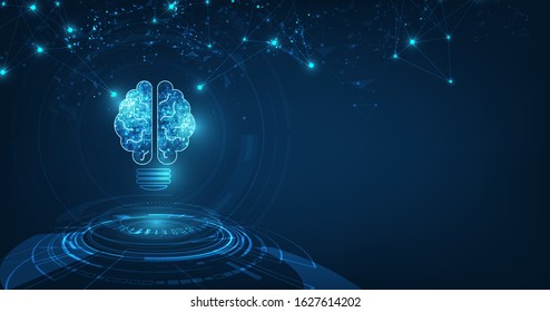 Vector Circle Tech With Light Blue And Lamp Bulb,Concept Of Thinking With Brain, Abstract AI(Artificial Intelligence)on Technology  Background