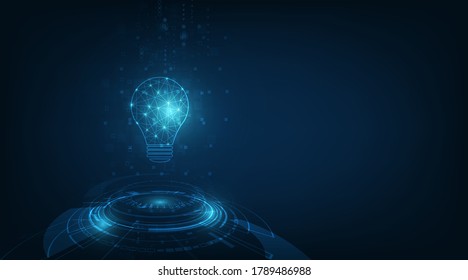 Vector circle tech with light blue and lamp bulb on technology background.