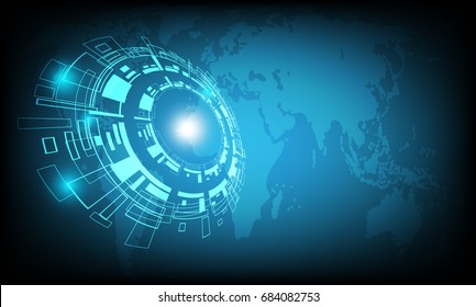 Vector circle technology design with world map on blue background.