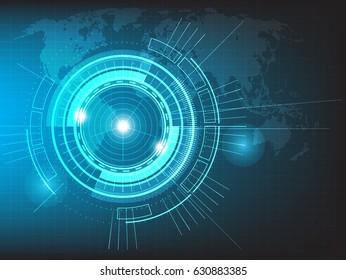 Vector circle technology with world map on blue background.