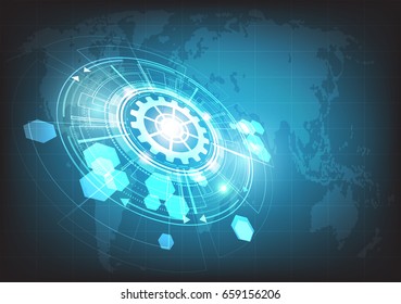 Vector circle technology with world map on blue background.