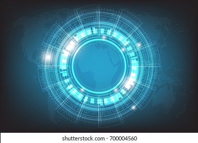 Vector circle technology with world map on blue background.