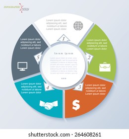 Vector circle template infographic for business project or presentation with five segments can be used for web design, workflow or graphic layout, diagram, education