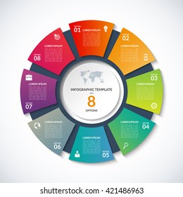 Vector circle template for infographics. Business concept with 8 options, steps, parts, segments. Banner for cycling diagram, round chart, pie chart, business presentation, annual report, web design