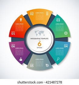 Vector circle template for infographics. Business concept with 6 options, steps, parts, segments. Banner for cycling diagram, round chart, pie chart, business presentation, annual report, web design