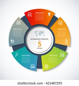 Vector circle template for infographics. Business concept with 5 options, steps, parts, segments. Banner for cycling diagram, round chart, pie chart, business presentation, annual report, web design