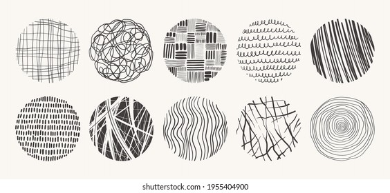 Texturas de círculo vectorial hechas con tinta, lápiz, pincel. Formas geométricas de doodle de puntos, puntos, círculos, trazos, rayas, líneas. Conjunto de patrones dibujados a mano. Plantilla para medios sociales, afiches, impresiones.
