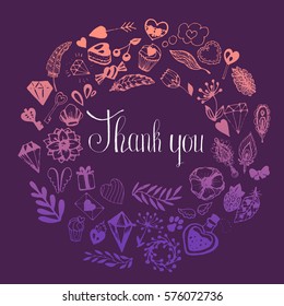 Vector circle Thank you card with handdrawn cute floral, stone, feathers, love elements on violet background. Greetings card, banner, label. Graphic nature lines