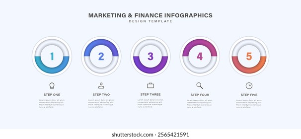 Vector circle timeline infographics template for presentations and business concept charts with 5 options.