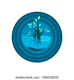 vector circle with tree growing in water design in flat 3d art style, illustration, poster, background design