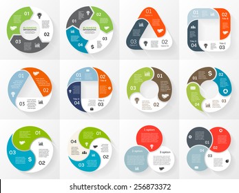 Vector circle triangle square infographics set. Template for cycle diagram, graph, presentation and round chart. Business concept with 3 and 4 options, parts, steps or processes. Abstract background.