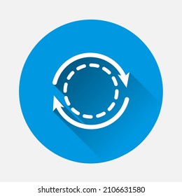 Vector circle and two arrows icon icon on blue background. Flat image with long shadow.