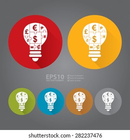 Vector : Circle Various Currency Sign Puzzle in Light Bulb Flat Long Shadow Style Icon, Label, Sticker, Sign or Banner