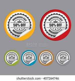 Vector : Circle Warehouse Sale 50% Off Product Label, Campaign Promotion Infographics Flat Icon, Peeling Sticker, Sign