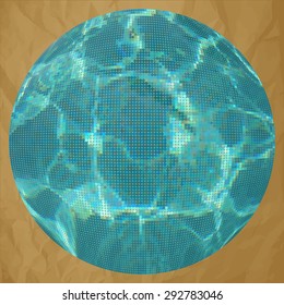 Vector circle water caustic texture effect mosaic dots on a crumpled paper brown background.