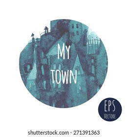 Vector circle with watercolor town.