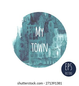 Vector circle with watercolor town.