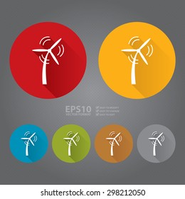 Vector : Circle Wind Turbine, Wind Energy, Wind Power Technology Flat Long Shadow Style Icon, Label, Sticker, Sign or Banner